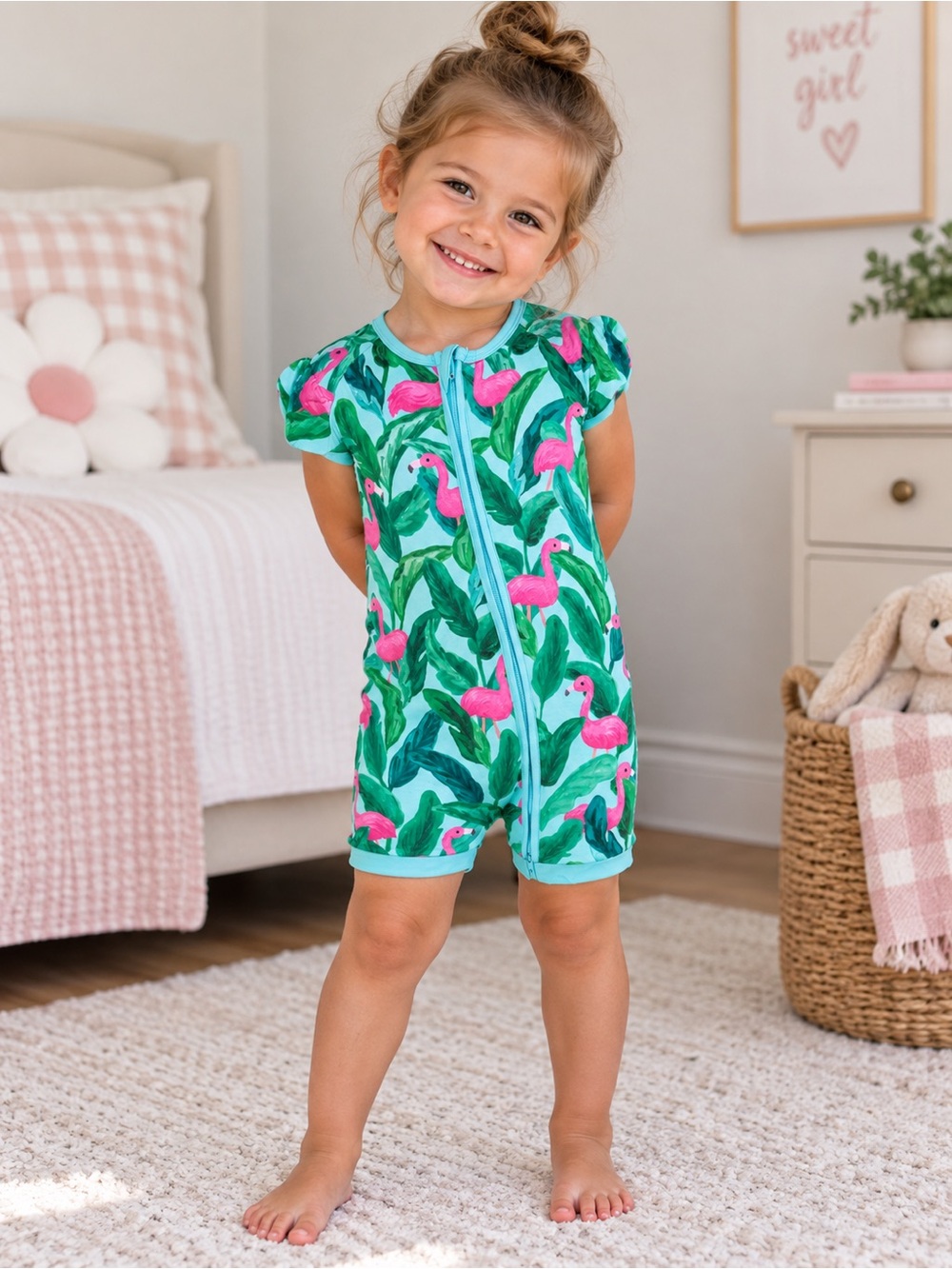 Little Sleepies Green Palm Flamingo Print Zip-Front Shorty Zippy size 2T
